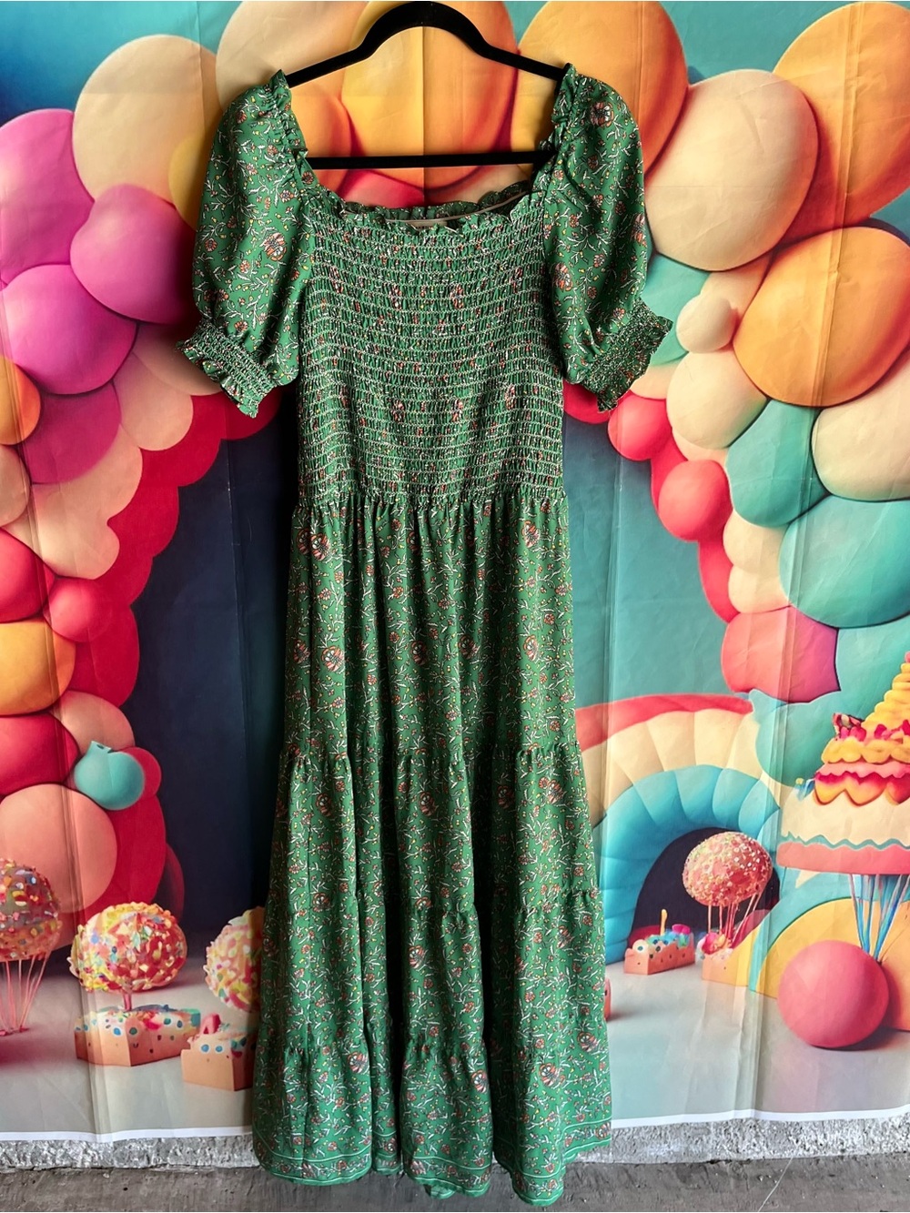 Max Studio Green Floral Smocked Maxi Dress